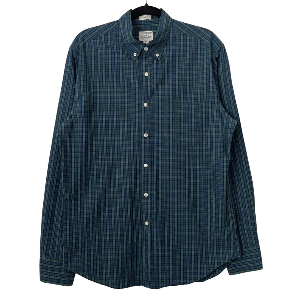 J. Crew Shirt Mens Medium Blue Green Classic Secret Wash Organic Cotton‎ Plaid
